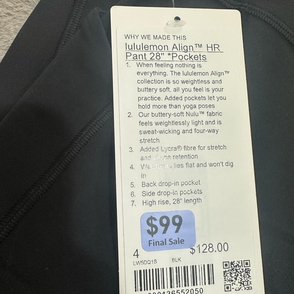 NWT Lululemon Align TM HR Pant 28" *Pockets Size 4 Black - Picture 7 of 7